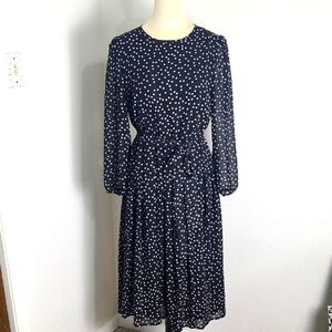 Picaurshe Polka Dot Black & White Midi-Dress, Belt, Long Sheer Sleeves, Size Med